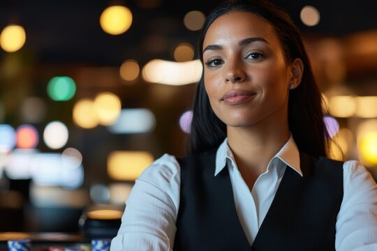 Confident hispanic female bartender in elegant vest at nighttime venue