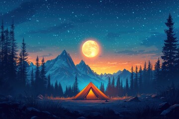 Camping Under a Starry Sky Near Majestic Mountains and Glowing Moon