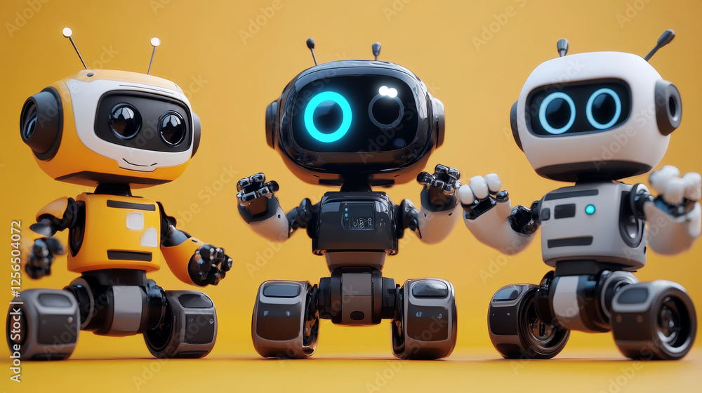 Poster cartoon robots characters, vector cyborgs and droids with friendly faces. artificial intelligence is