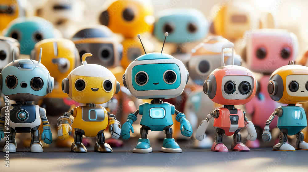 Aufkleber cartoon robots characters, vector cyborgs and droids with friendly faces. artificial intelligence is