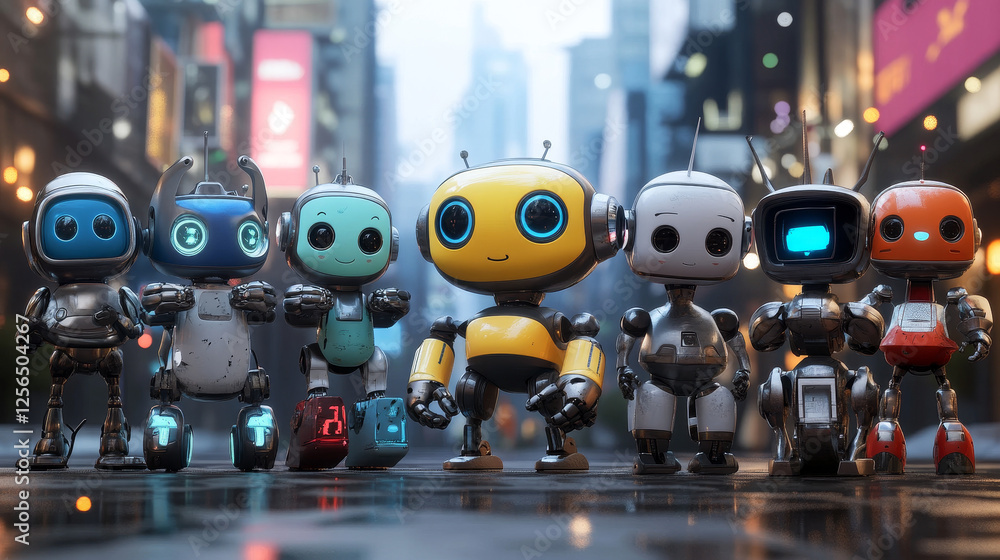 Poster cartoon robots characters, vector cyborgs and droids with friendly faces. artificial intelligence is