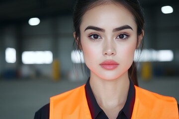 Young asian female construction worker in orange safety vest