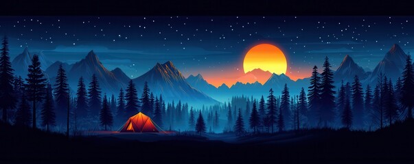 Scenic sunset camping scene in mountain forest with starry sky
