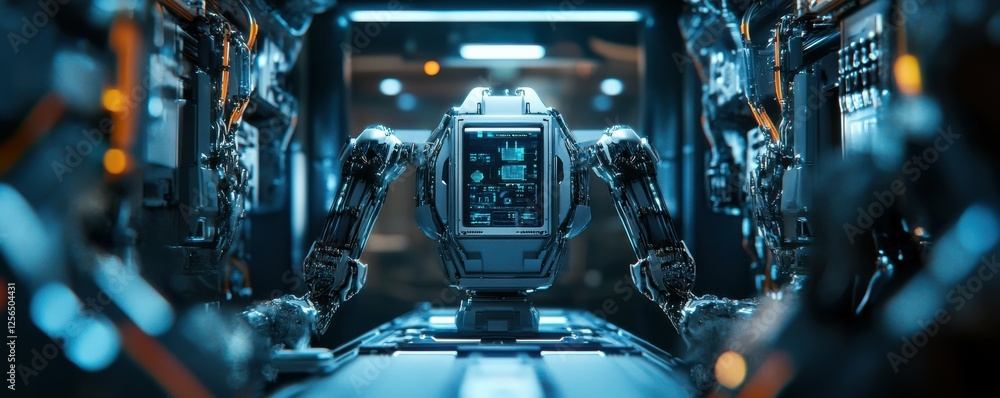 Poster futuristic robotic machine in a high-tech lab with blue lighting
