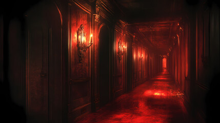 A mysterious hallway illuminated by eerie red lights, evoking a sense of suspense and intrigue in a dark environment. Whispering Mirrors. Illustration