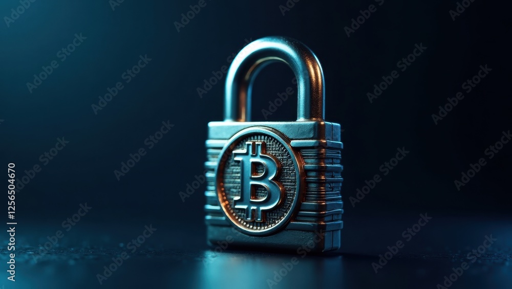 Poster secure crypto symbol lock representing bitcoin's value in technology and finance at night