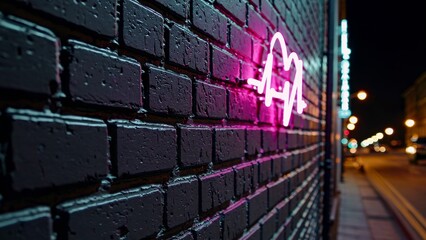 Pink neon sign shaped like a heartbeat line with a heart glowing on a black brick wall of a building at night, with a blurred street in the background