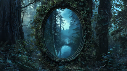 A mystical mirror framed with vines reflecting an enchanted forest in twilight, evoking a sense of mystery and wonder. Whispering Mirrors. Illustration