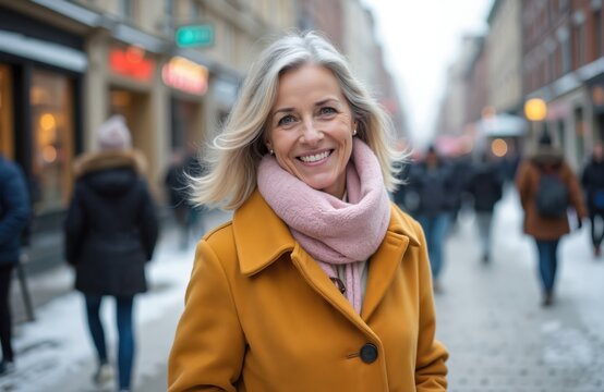 Portrait of smiling mature woman in city street. Blond hair, yellow coat, pink scarf. Winter fashion. Confident female walks outdoors, enjoys urban life. Happy face, lifestyle theme. - Powered by Adobe