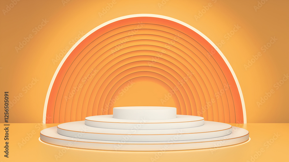 Poster a modern minimalist product display setup with a white podium and circular glowing arches, showcasin