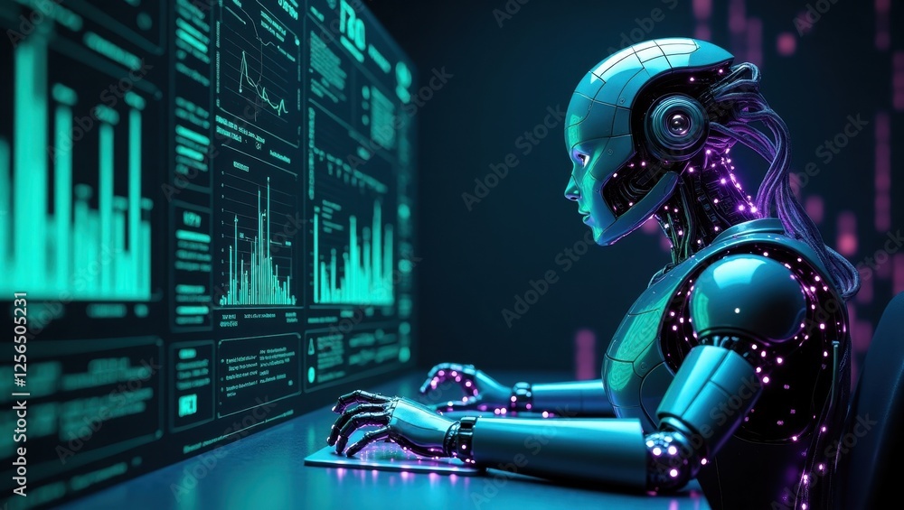 Poster futuristic robotic figure analyzes data on a high-tech screen in a dimly lit environment during a di