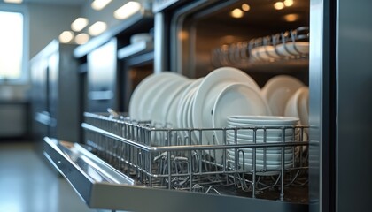 Open commercial dishwasher displays clean white plates, cup and cutlery in stainless steel basket. Industrial kitchen cleaning equipment insures hygiene in food service setting.
