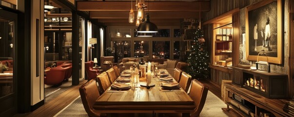 Fototapeta premium Cozy rustic dining room with festive decor and warm lighting in cabin setting