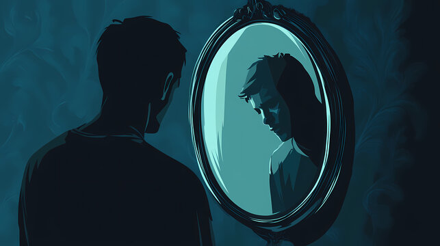 A person reflecting in a dark mirror, evoking deep thoughts and introspection. Whispering Mirrors. Illustration