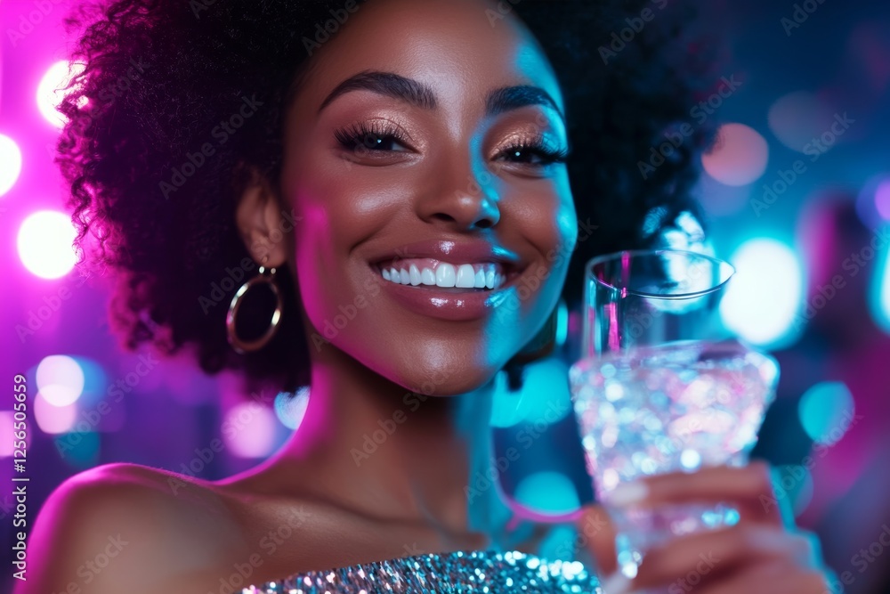 Wall mural Young african female enjoying nightclub with sparkling drink and joyful expression