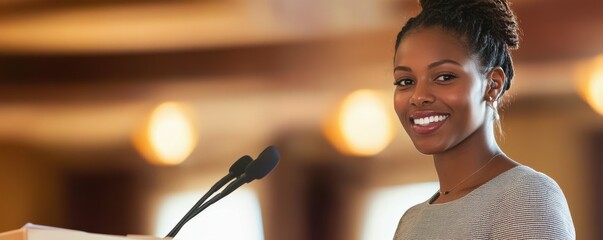 Confident african female adult speaker at podium in professional setting