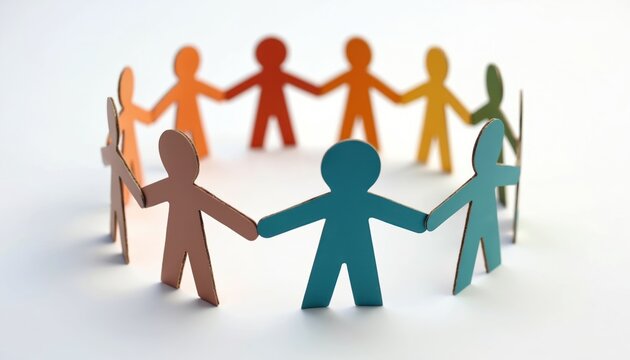 Paper people holding hands in circle formation representing teamwork, unity. Colorful figures showcase partnership, cooperation. Connection, community among team members, human relationship, support