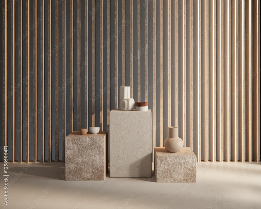 Poster stylish pedestal arrangement in a minimalist setting showcasing modern vases and geometric design el