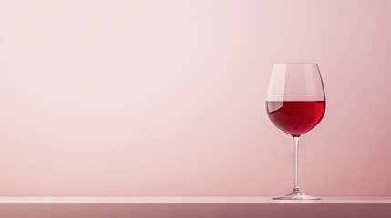   A glass of red wine sits on a table next to a wine bottle and a wine glass, all against a pink background