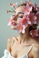 Naklejka premium A delicate floral arrangement adds a touch of sophistication to the beauty space, flower arrangement, makeup brushes
