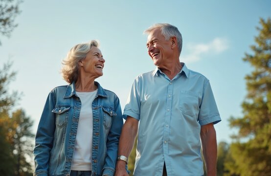 Low angle shot of happy senior couple enjoying time together outdoors in park. Mature man, woman smile, look each other with love. Blue sky background for copy space. Healthy lifestyle.