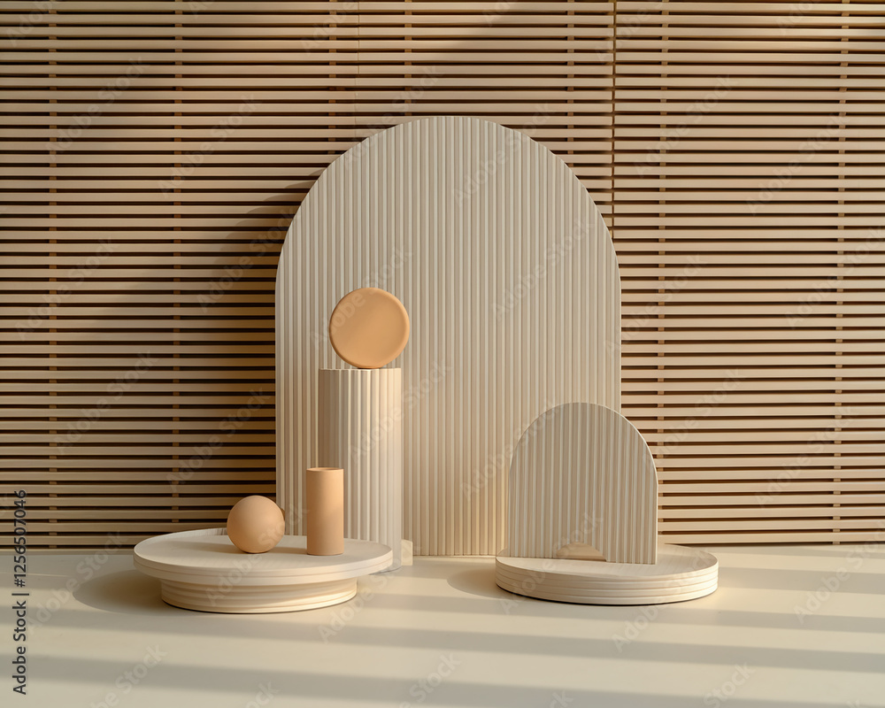 Poster stylish minimalist pedestal arrangement with simple geometric shapes in soft neutral tones against a