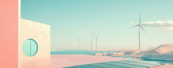 Modern sustainable architecture with wind turbines and solar panels in idyllic landscape