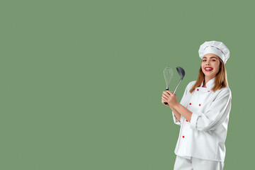 Young female chef with whisk and ladle on green background