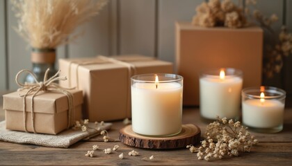 Elegant earthy setup with handmade soy wax candles, soft neutral colors, eco-friendly packaging. Ideal for gifts, aroma therapy, home decor. Wooden table, boxes and dry flowers at background.