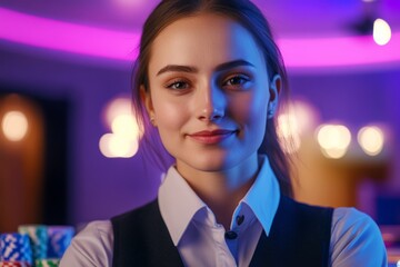 Obraz premium Confident young caucasian female in casino setting with colorful lights