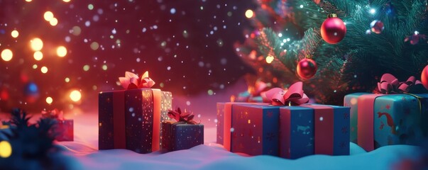 Fototapeta premium Festive christmas scene with decorated tree and wrapped gifts in snowy setting