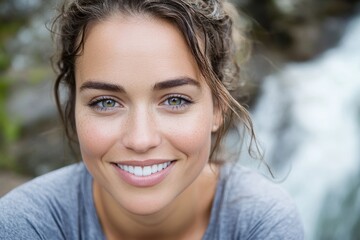 Fototapeta premium Smiling young caucasian female by a forest waterfall