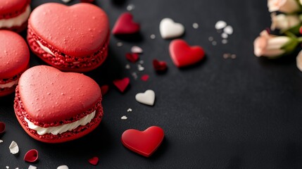 Fototapeta premium Red heart-shaped macarons with creamy filling and decorative hearts on dark background