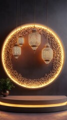 Elegant Decorative Circular Lantern Display with Intricate Patterns and Warm Glowing Light Creating a Festive Atmosphere for Eid Mubarak and Ramadan Kareem Celebrations with Copy Space