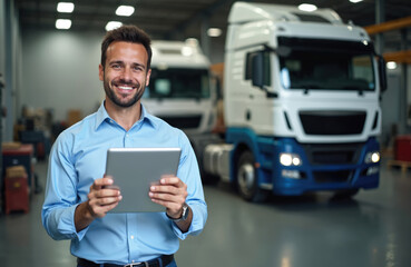 Smiling chief in auto park holds tablet. Trucks background. Logistics firm boss checking warehouse inventory. Supervisor controls import, export operations using mobile tech. Trucking industrial