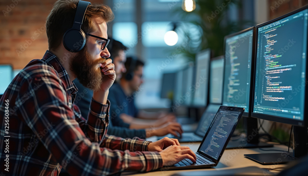 Leinwandbilder Bearded programmer in headphones typing code on laptop. Focused man fixing glasses, touches beard. Multiple screens display software source. Team coding on computers in office room. Cyber security