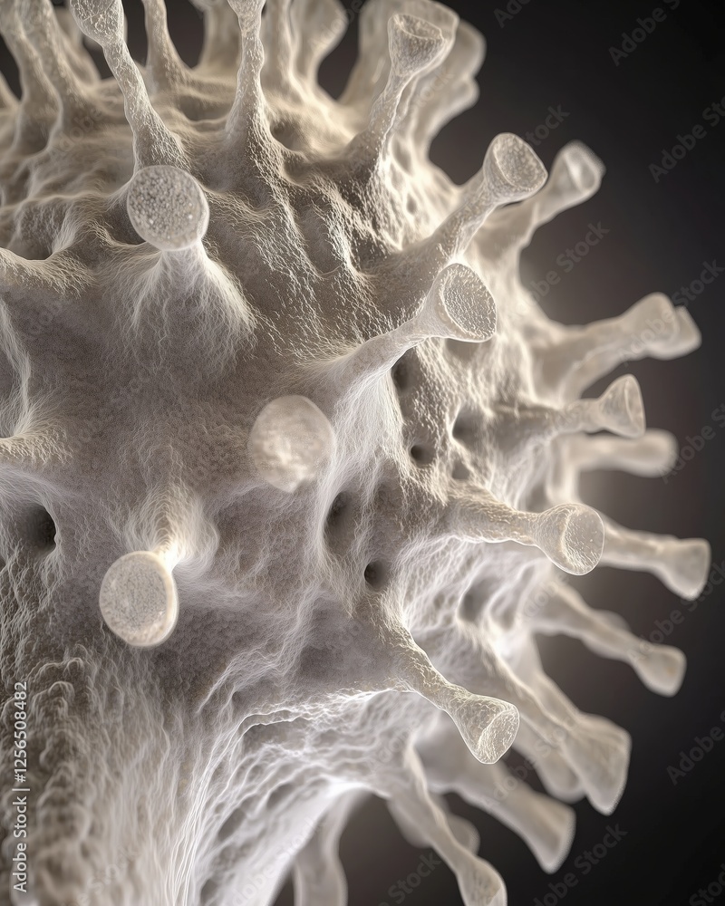 Poster detailed 3d render of a virus particle, showcasing its intricate surface structures against a muted 