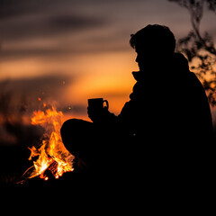 Silhouette of a person enjoying a warm beverage by a campfire against a stunning sunset backdrop.