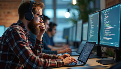 Bearded programmer in headphones typing code on laptop. Focused man fixing glasses, touches beard. Multiple screens display software source. Team coding on computers in office room. Cyber security