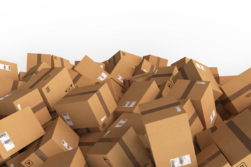 Pile of cardboard boxes with shipping labels representing online shopping and delivery