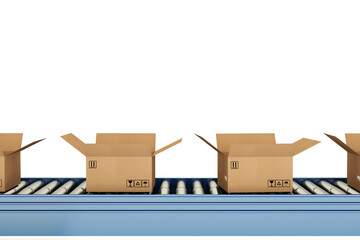 Cardboard boxes moving on conveyor belt in distribution warehouse