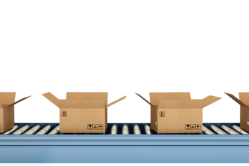 Cardboard boxes moving on conveyor belt in distribution warehouse