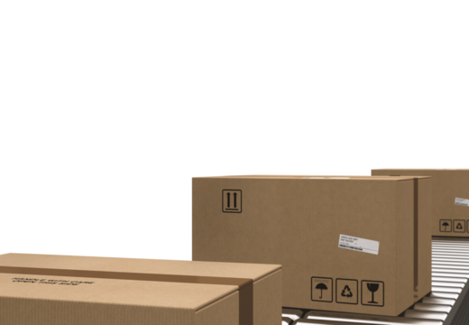 Cardboard boxes moving on conveyor belt in distribution warehouse