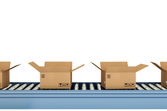 Cardboard boxes moving on conveyor belt in distribution warehouse - Powered by Adobe