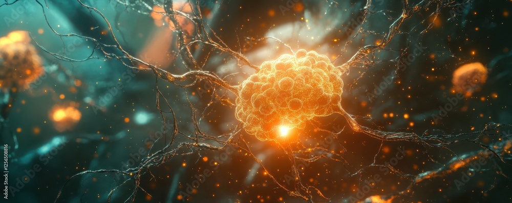 Poster glowing neuron network with bioluminescent connections in neural cells