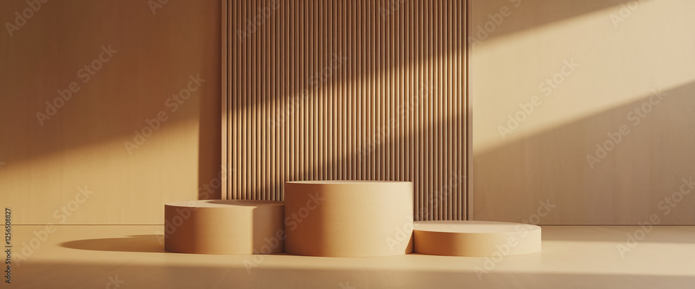 Poster minimalistic modern geometric podium scene with soft lighting, showcasing circular and cylindrical p