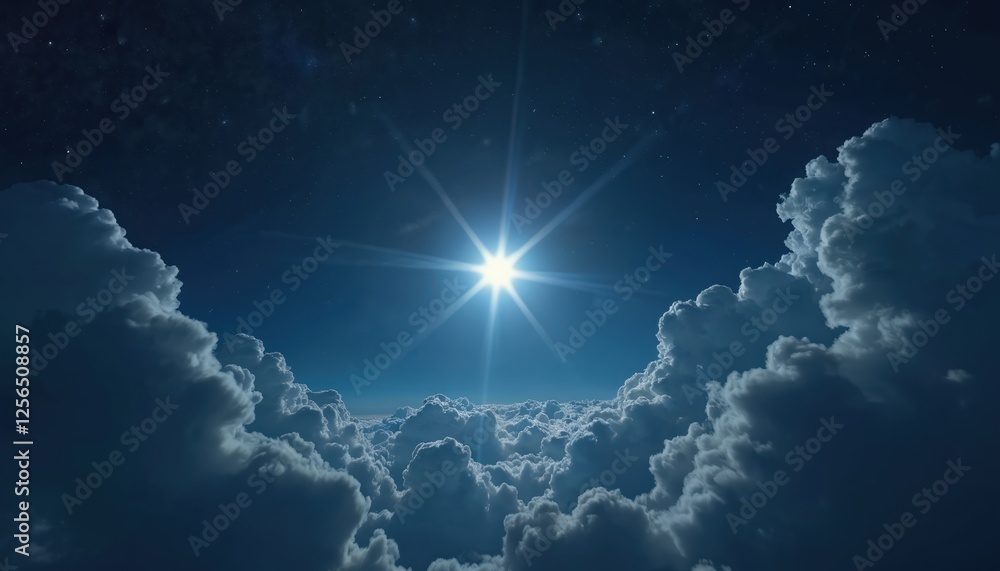 Poster bright star shines in night sky above clouds. celestial scene. outer space view with cloudscape back