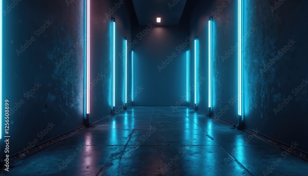 Poster Dark corridor with perspective effect, blue neon lights. Empty black hall and reflective plates on the floor. Modern technology render, abstract dark blue design with futuristic style.