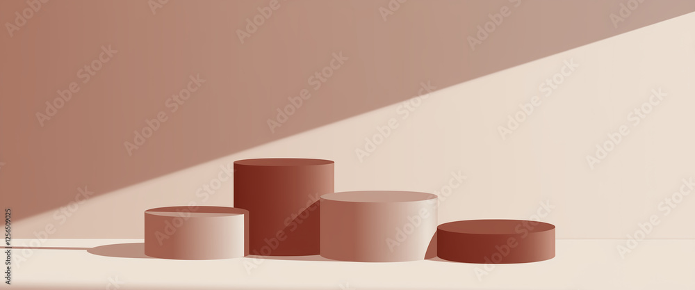 Poster modern geometric podium display featuring circular pedestals, soft lighting, and minimalistic design