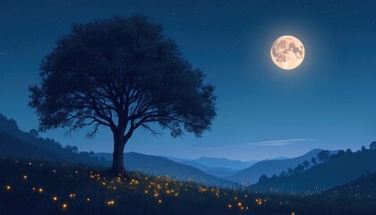 Moonlit meadow illustration at starry night with glowing fireflies, tree silhouette. Serene atmosphere with gentle hills in dusk. Tranquil scene with nature calmness, beauty, magical dreamlike